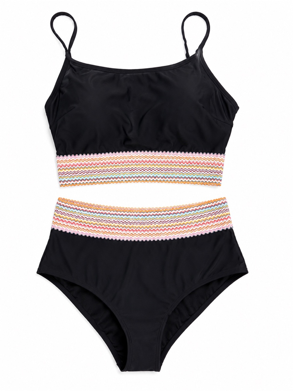 Black High-Waist Bikini Set with Multicolor Trim - Picture 1 of 2
